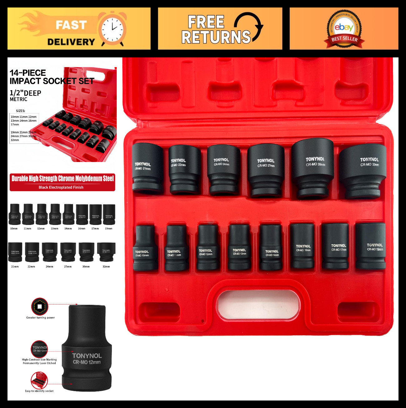 1/2″ Drive Impact Socket Set 14 Pcs, 6-Point Metric (10mm-32mm), Cr-Mo Steel, St