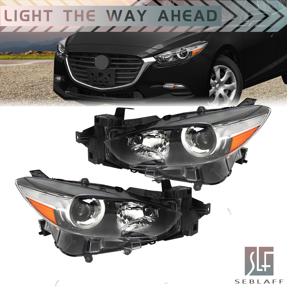 For 2017-2018 Mazda 3 Sedan Hatchback Halogen Projector Black Headlight Pair