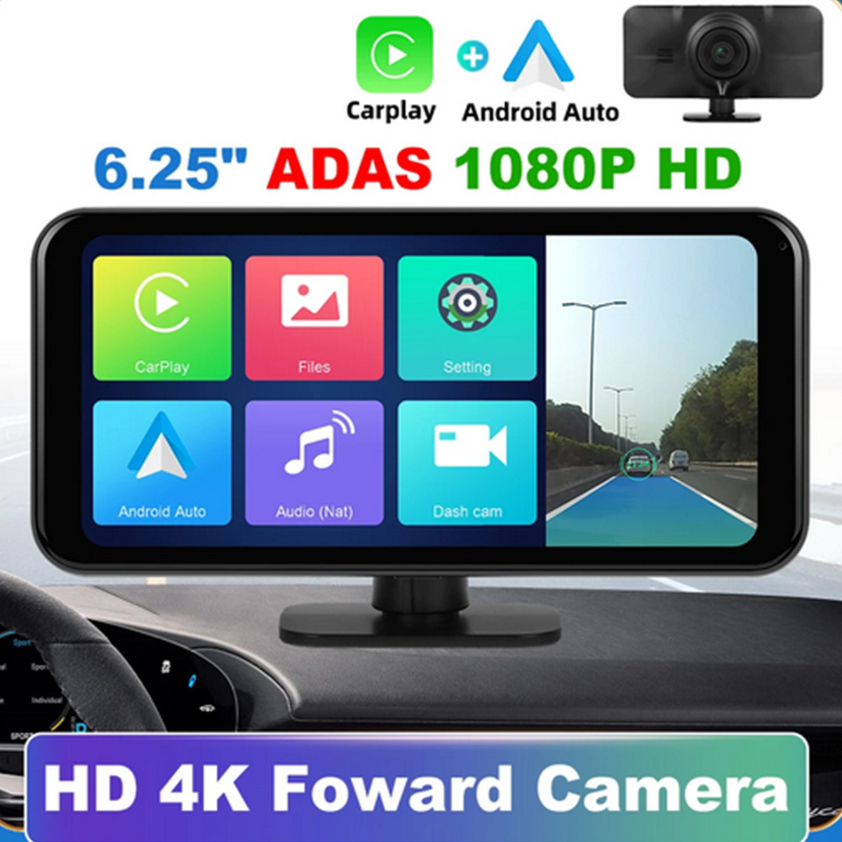 6.25in HD Dash Cam Car DVR Camera Recorder For Apple Carplay Android Auto ADAS