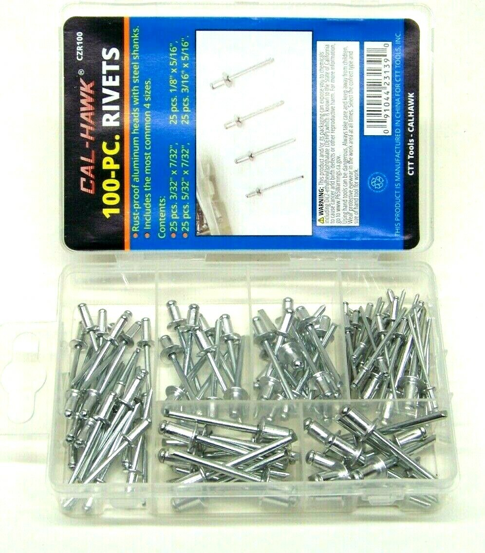 100pc Pop Rivet Assorted Set 3/32″ 1/8″ 5/32″ 3/16″ Aluminum Head Steel Shank