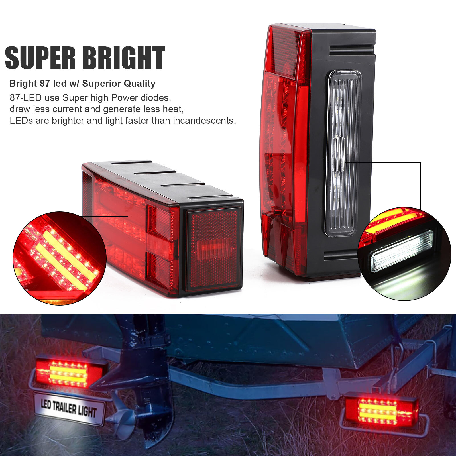 Rectangle Left Right LED Submersible Trailer Boat Stud Stop Turn Tail Lights Kit