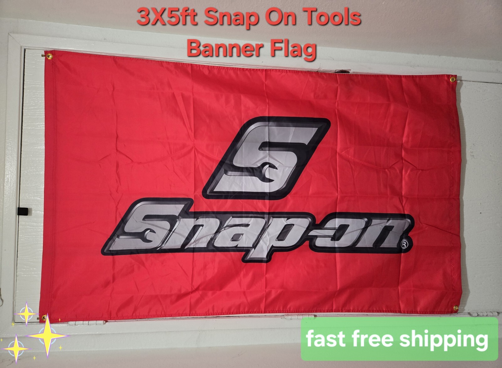 SNAP ON TOOLS Promo 3X5FT Room Shop Man Cave LOGO EMBLEM Red W/Silver 4 Grommets