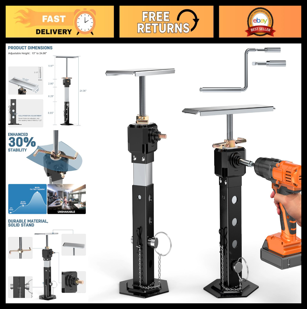 2 PCS Adjustable RV Slide Out Stabilizer Jacks 13″-24″ Heavy Duty Supports 5000