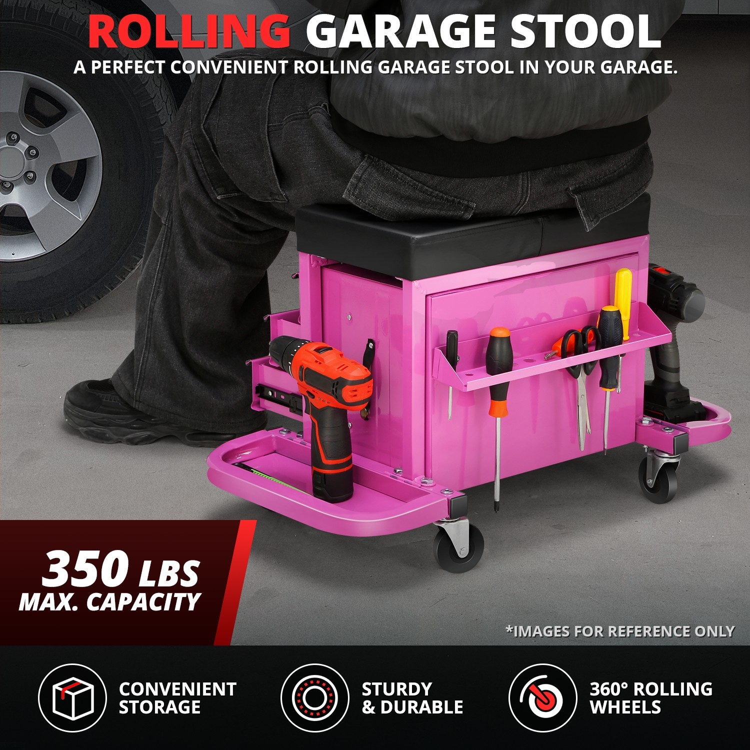 350lbs Capacity Adjustable 2-IN-1 Purple 3 Drawer Rolling Mechanics Tool Seat