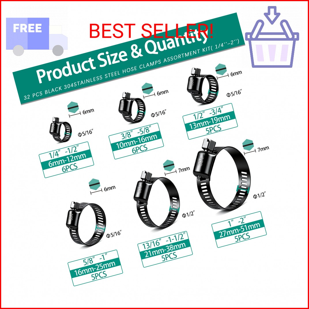 Dianrui 32 PCS Black Hose Clamps Assortment Kit 1/4″–2″ (6-51mm) Hose Clamps Sta
