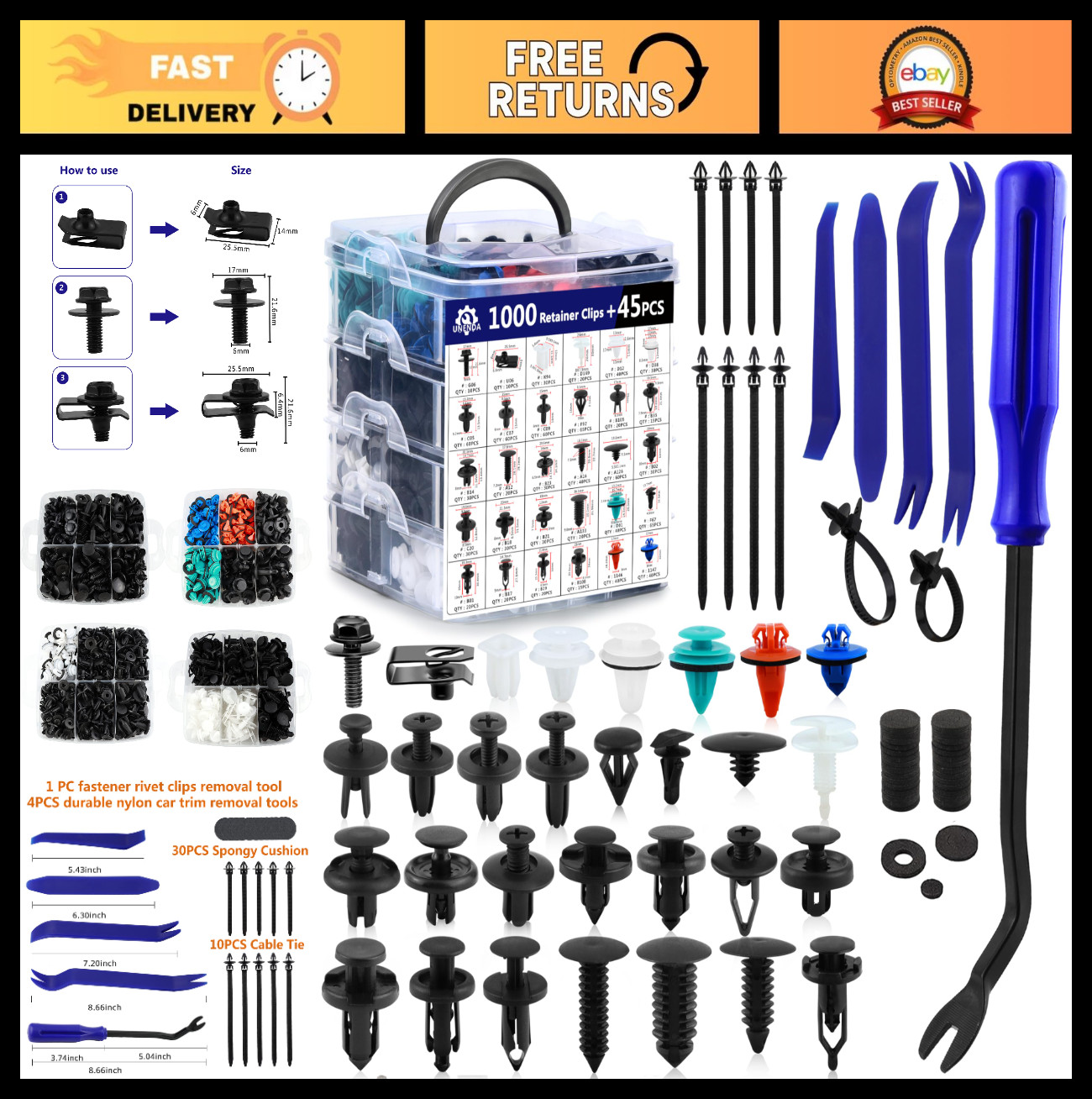 1045PCS Car Push Retainer Clips – Auto Fasteners Set, 30 Sizes, Nylon Rivets & R
