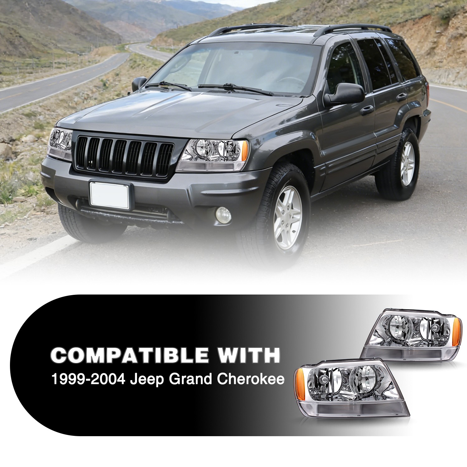 For 1999-2004 Jeep Grand Cherokee Driver+Passenger Chrome Halogen Headlights