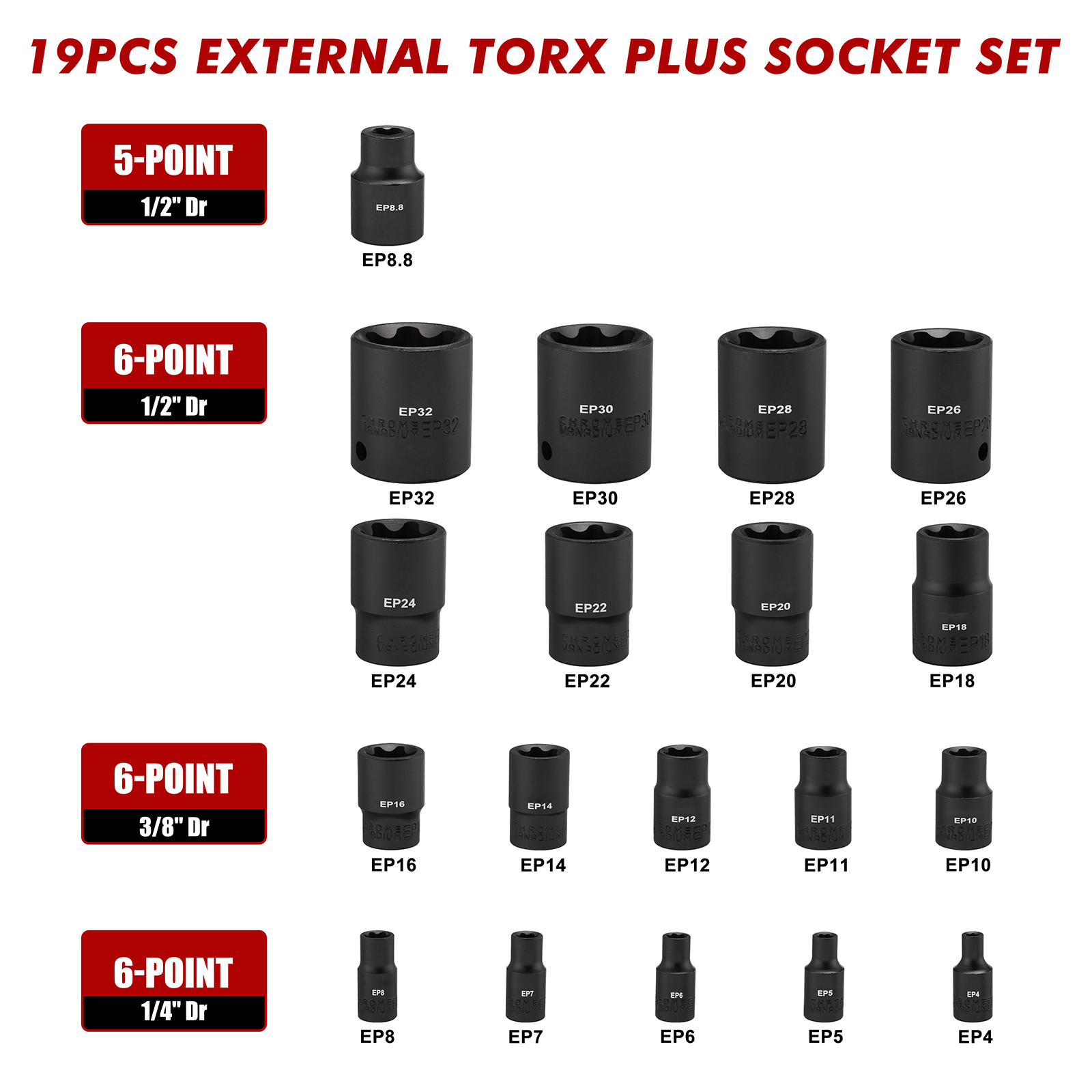 19PCS External Torx Plus Socket Set 6 Point EP Socket EP4-EP32 5 Point 1/2” Dr