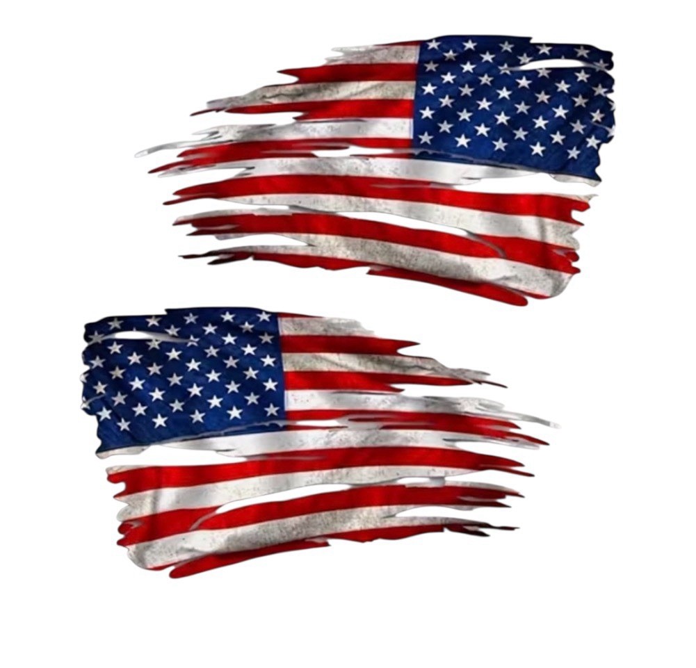 2 PACK United States USA Flag 4” Patriotic Tattered Look Vinyl Sticker Decal Set