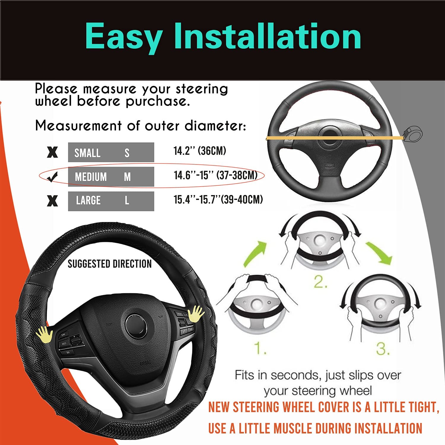 PINCTROT Steering Medium(Standard) Size[14 1/2”-15”], 3.Black (All Black)