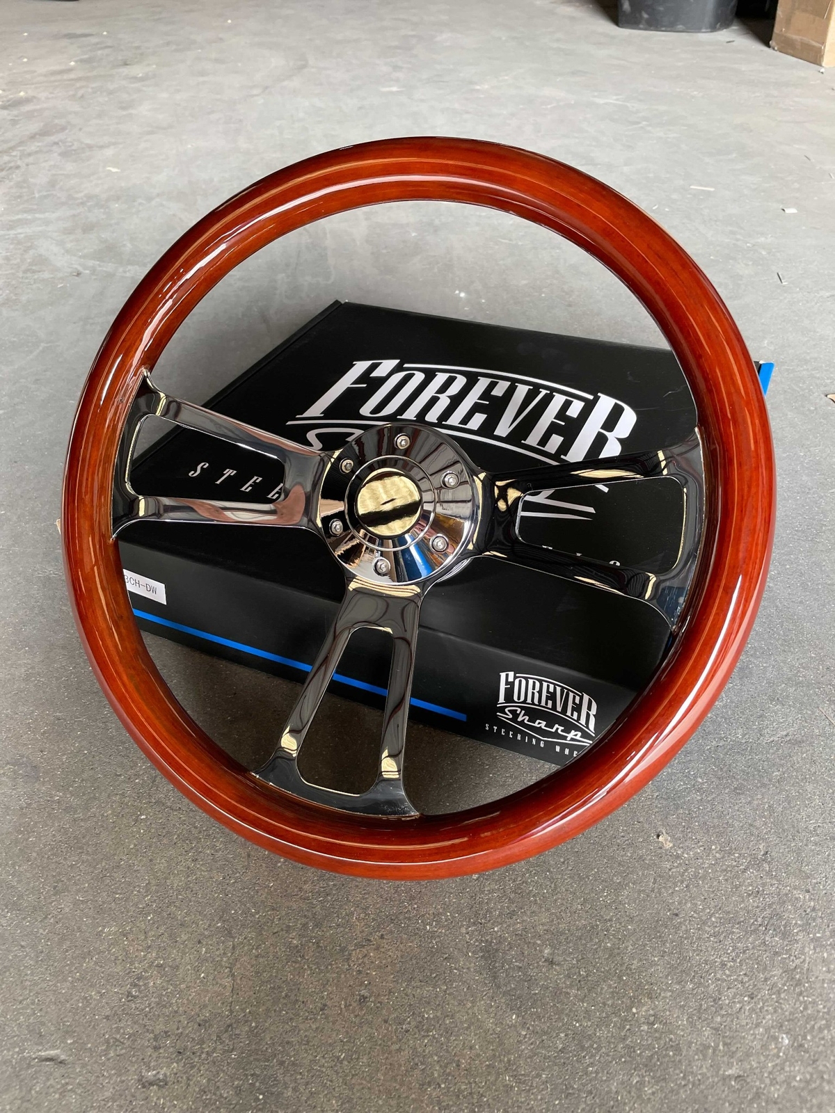 15 Inch Chrome Aftermarket Steering with Dark Wood Mahogany Grip 3-Spoke