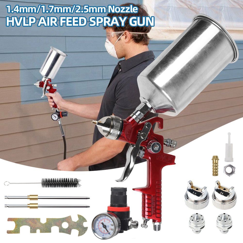 HVLP Air Paint Spray Gun Gravity Feed Car Auto Gun Kit 1.4mm/1.7mm/2.5mm Nozzles
