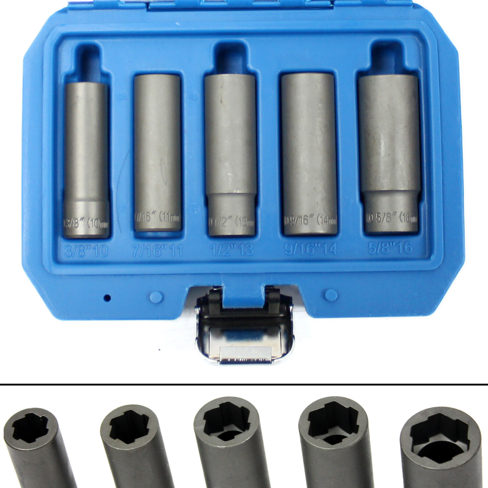5pc Damaged Nut Bolt Remover Extractor Twist Socket Set Long 10-16mm 3/8 to 5/8″