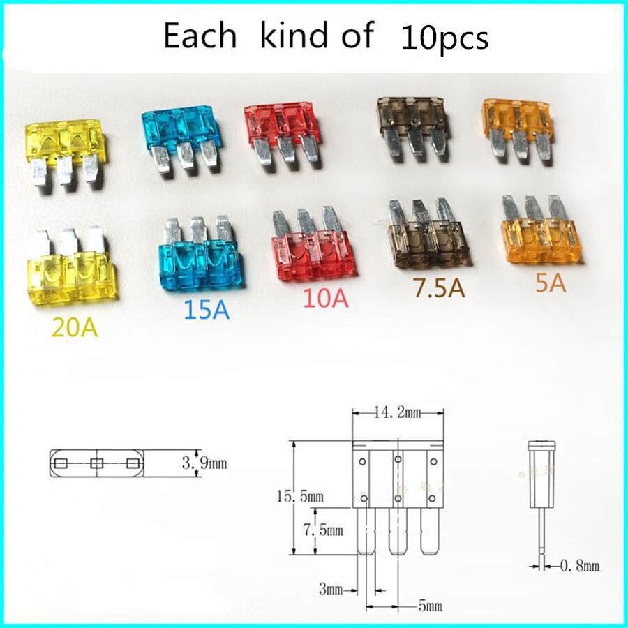 Car Fuse Holder Puller Blade Fuses For Auto SUV 3-Pin 5A 7.5A 10A 15A 20A 50Pcs