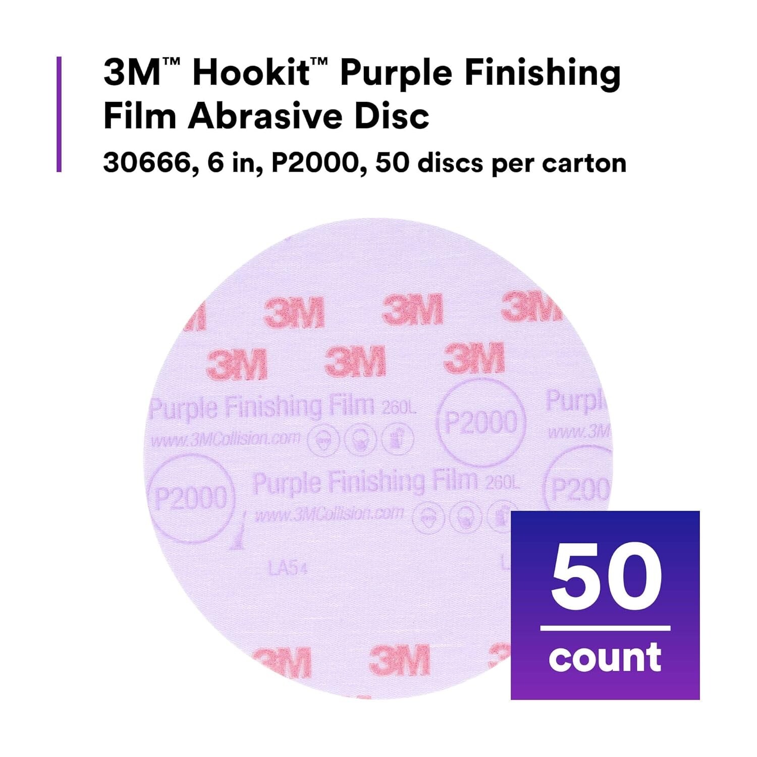 3M 30666 Purple Finishing Film Hookit Disc (2000 Grit, 6 inch, 50 Pcs)