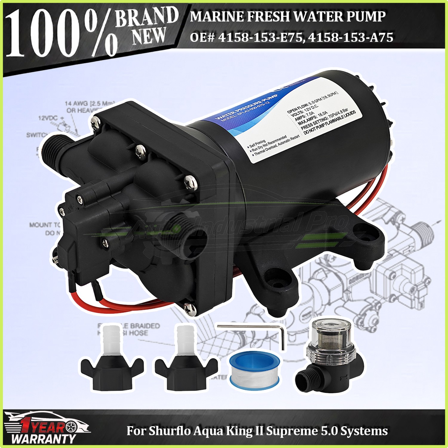 Water Pump 12V 5.0GPM 55PSI 4158-153-E75 For Shurflo Aqua King II Supreme 5.0