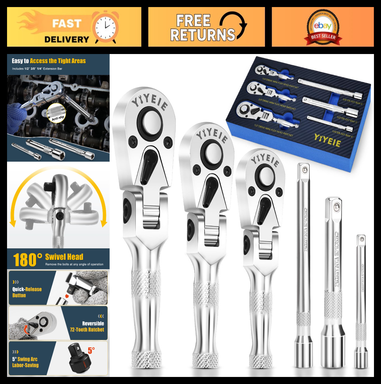 6PCS Stubby Flex Head Ratchet Set, 1/4 3/8 1/2 inch, 72 Tooth, Quick-Release, 18