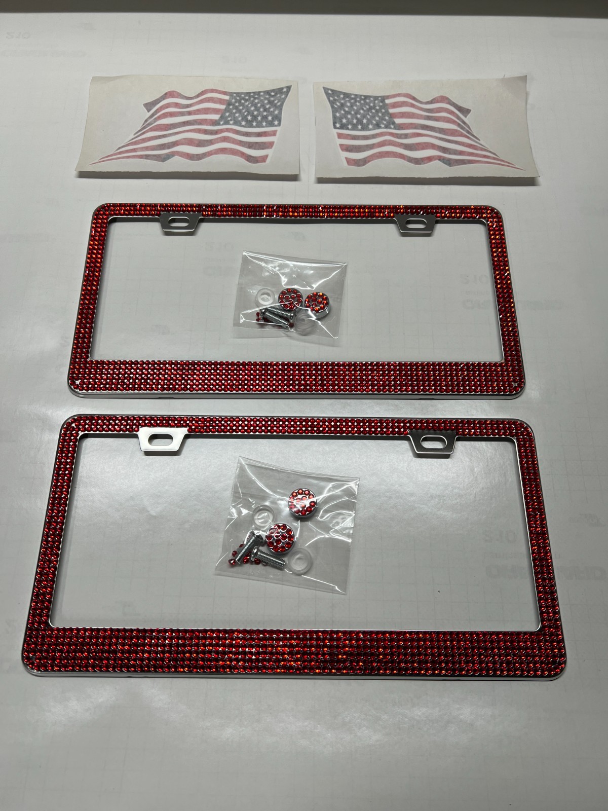 Red Rhinestone bling license plate frames (2 pcs) with stickers