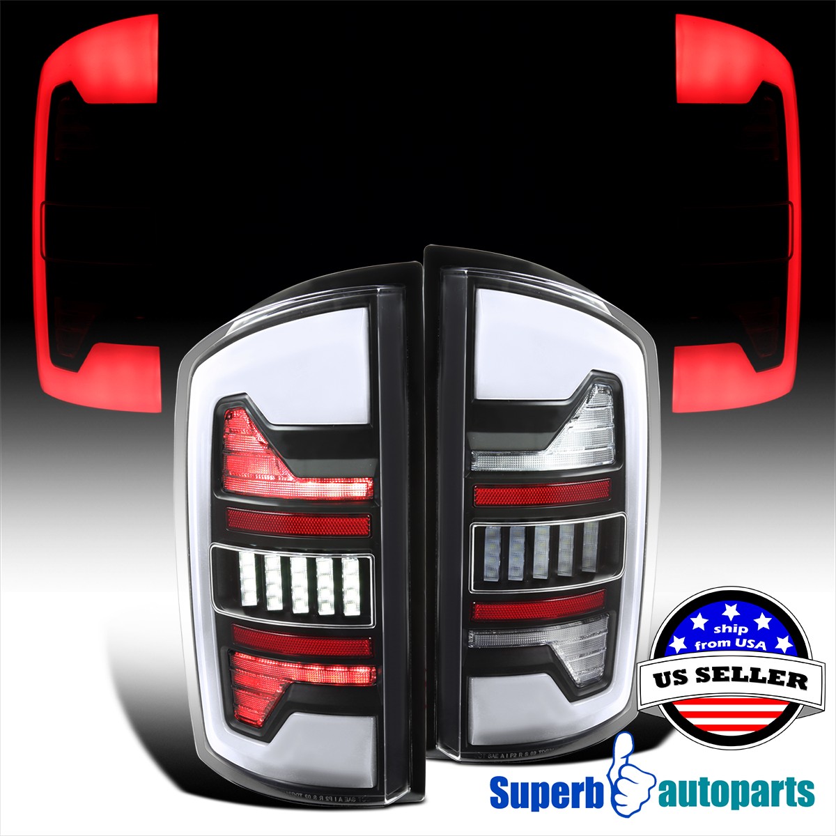 For 2007-2008 Dodge Ram 1500 2500 Full LED Black Tail Lights + Brake Lamps