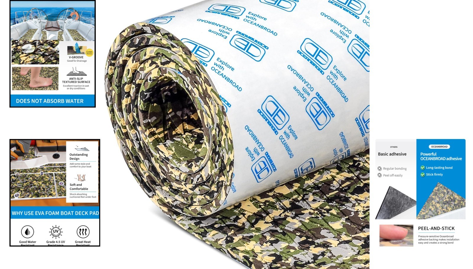 Camouflage Boat Flooring Traction Pad – Self-Adhesive EVA Mat 96”x16”