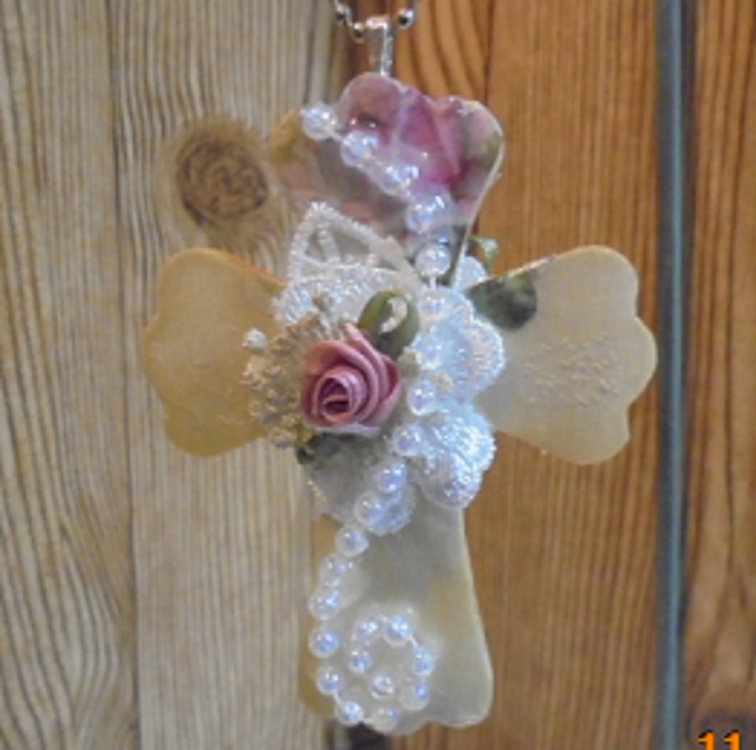 Rear View Mirror Hanging Charm , Beautiful Decorated Cross with Lace and Roses