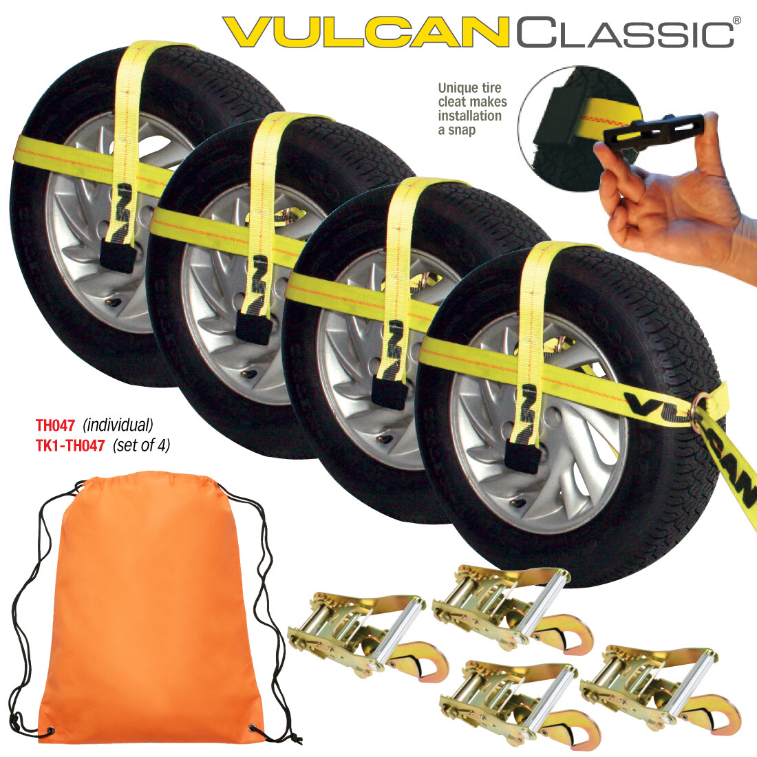 VULCAN Adjustable Loop Car Tie Down Kit – Snap Hooks (4 Straps & 4 Ratchets)