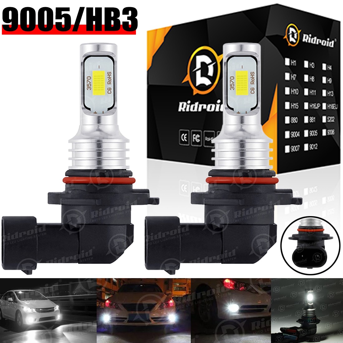 RIDROID 9005 HB3 100000LM LED Bulbs Headlight High Beam 6500K Super Bright White