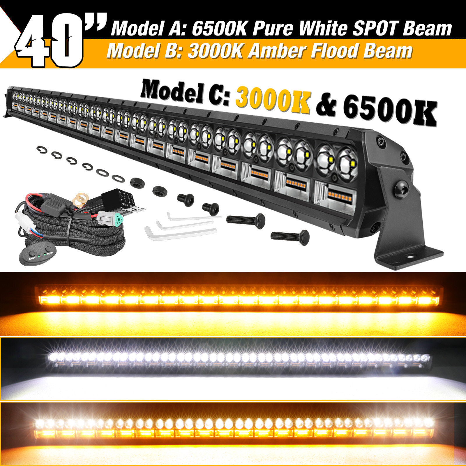 12″ 40″ LED Work Light Bar Combo Yellow White Driving Offroad + Dual Switch Wire