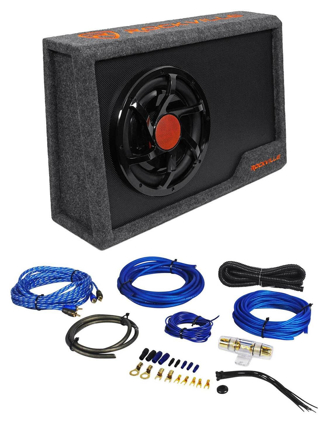 Rockville RWS10CA Slim 1000w 10″ Powered Loaded Car Subwoofer Enclosure+Wire Kit