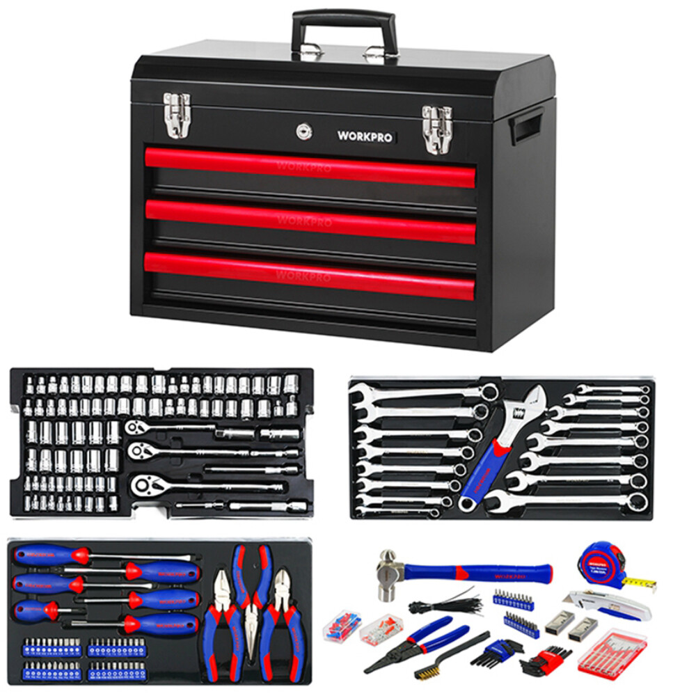 WORKPRO 408PC Mechanics Tool Set 3Drawer Socket Wrench with Heavy Duty Metal Box