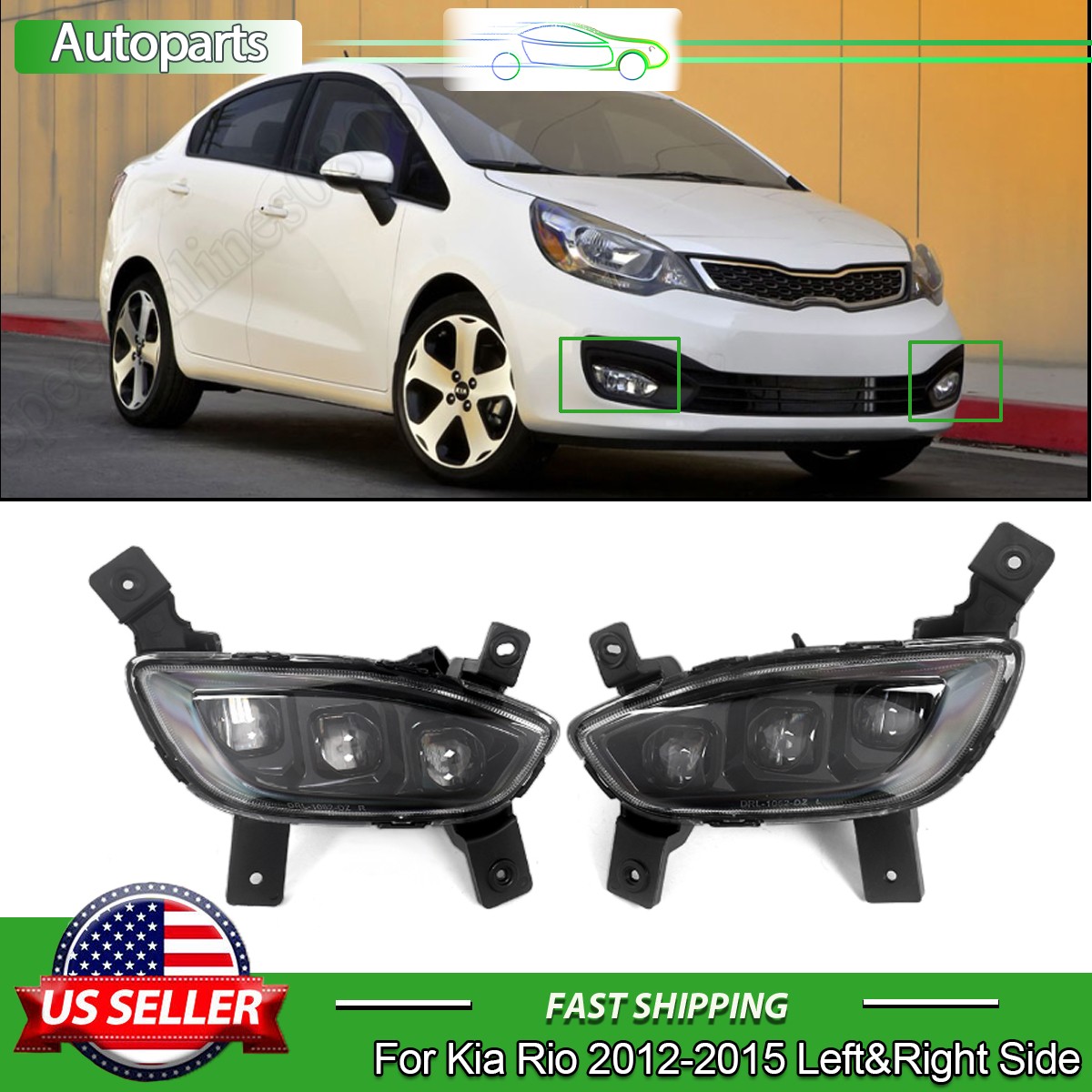 For Kia Rio 2012-2015 Left+Right Daytime Running LED Fog Light Lamps Bumper DRL