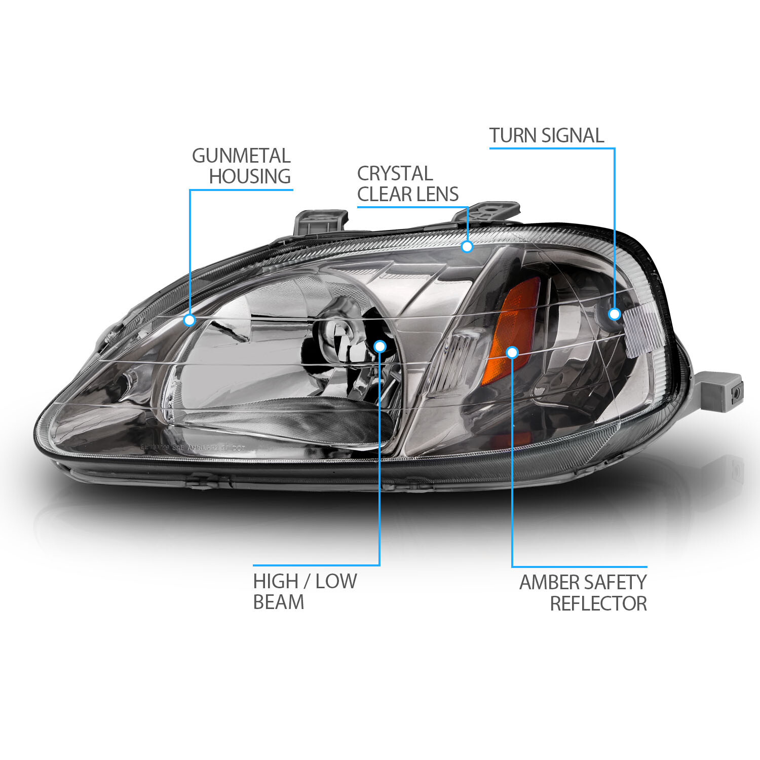 1999-00 Replacement Gunmetal Headlights for Honda Civic 2/3/4 Door EK/EJ/EM/JDM