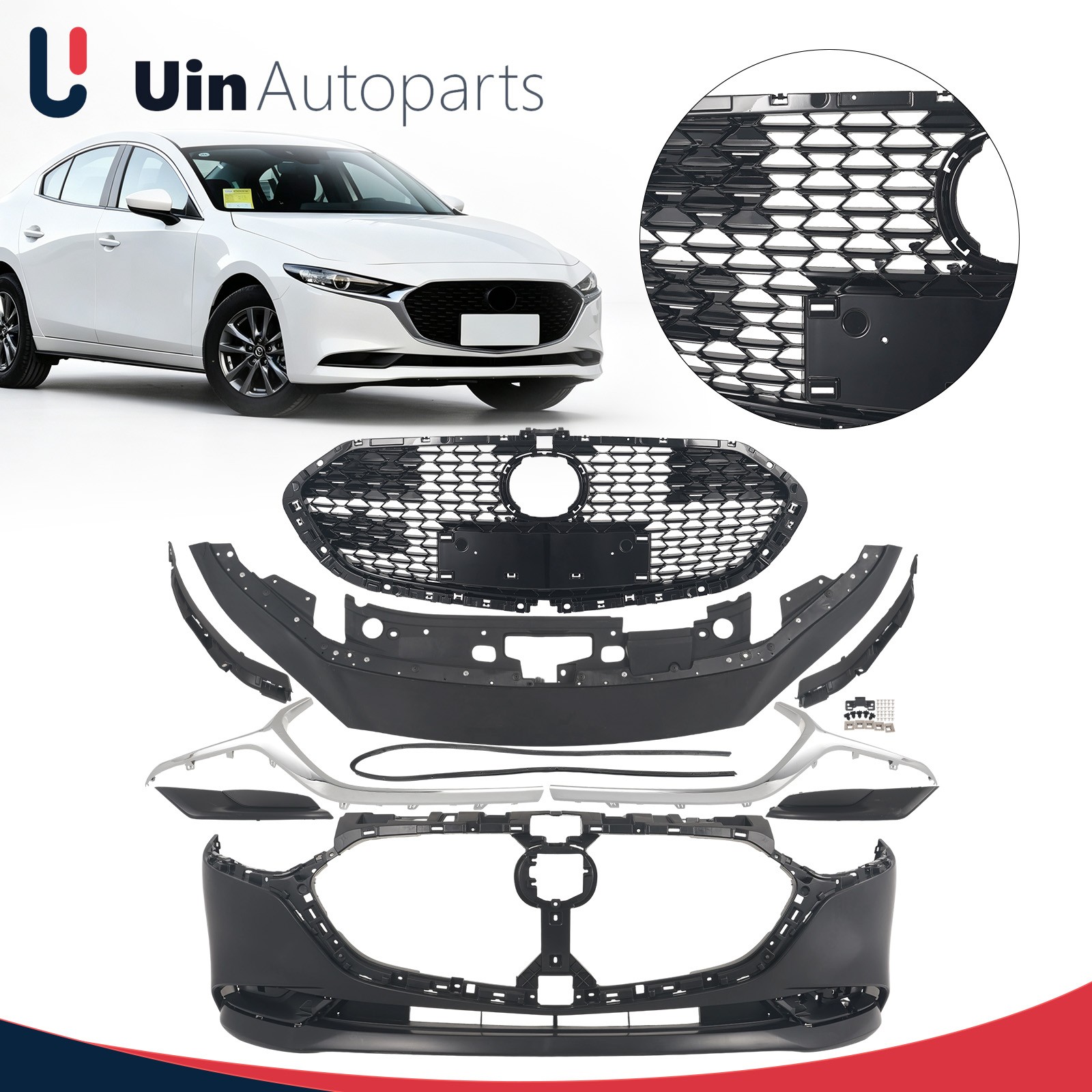 For 2019-25 Mazda 3 Complete Front Bumper Cover Grille Assembly W/ Grille +Trim