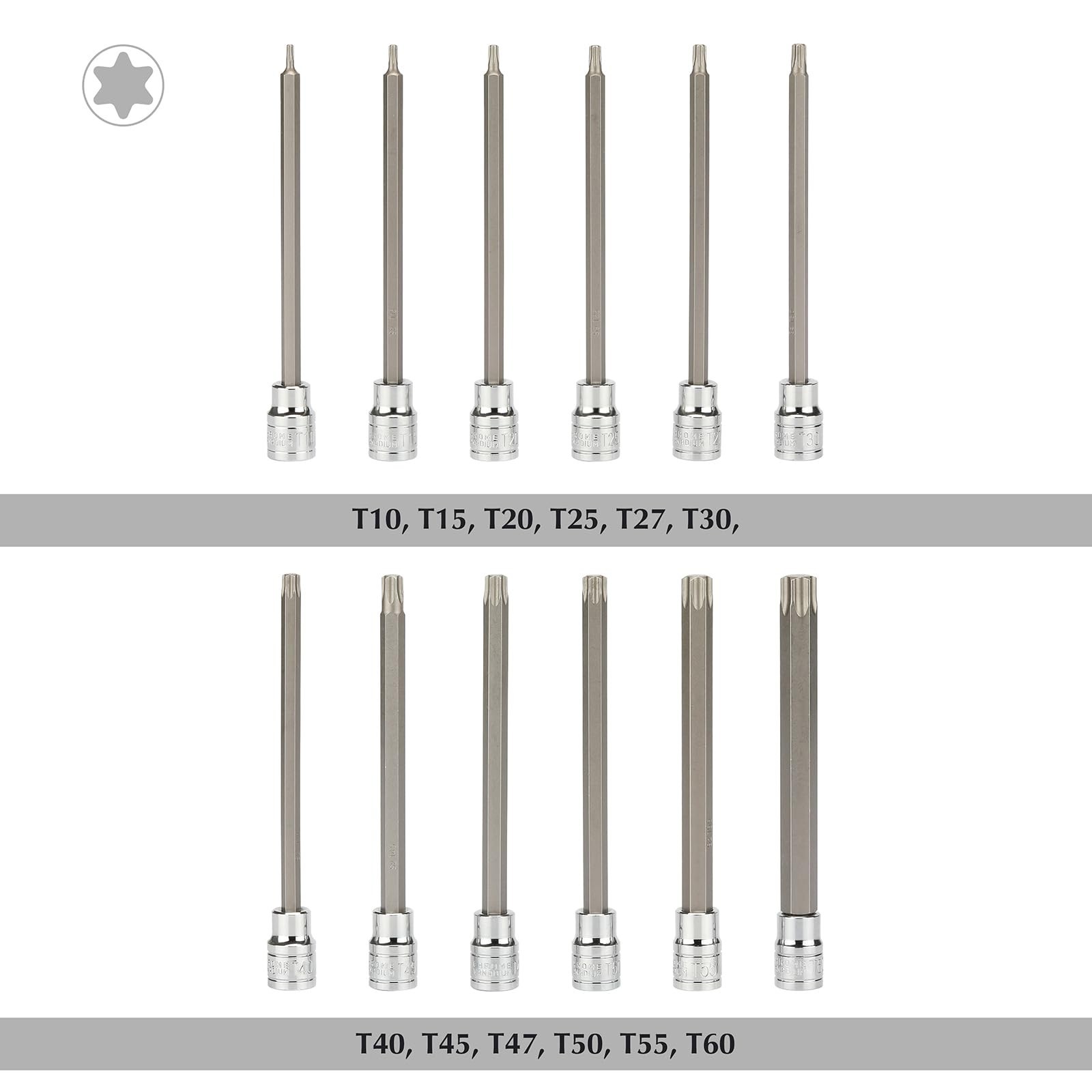 12PCS Extra Long Torx Bit Socket Set 3/8″ Drive, CR-V S2 Steel, T10-T60, 5.9″ Le