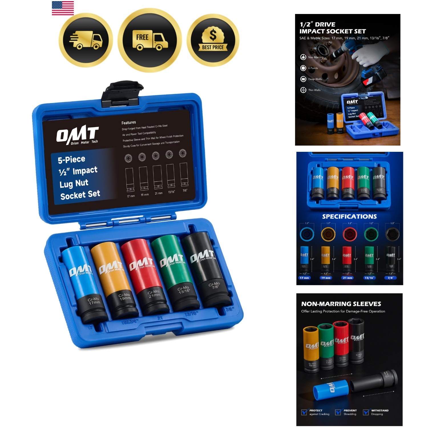 1/2″ Drive Lug Nut Socket Set, Metric 17 19 21 mm & SAE 13/16 7/8 in. Wheel S…