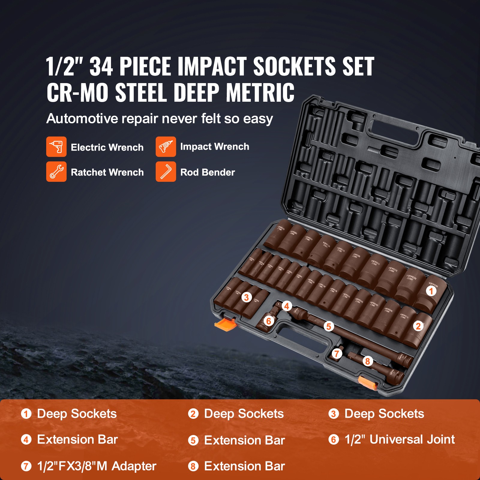 VEVOR Impact Sockets Set 34pcs 6-Point 1/2in Drive Bit Ratchet Tool Kit Case