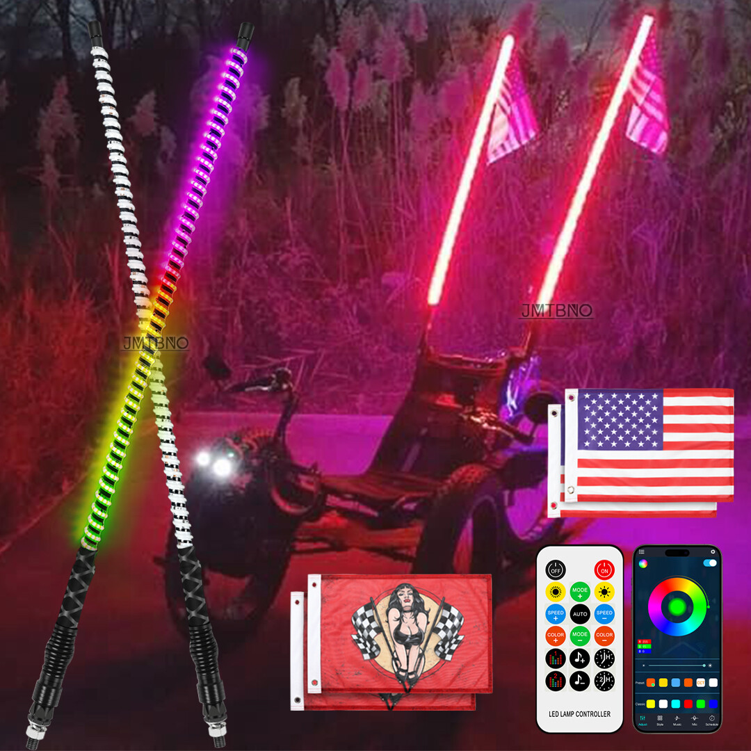 For Recumbent Trike 2x 3FT COB RGB Lighted LED Whip Light Antenna w/ Flag&Remote