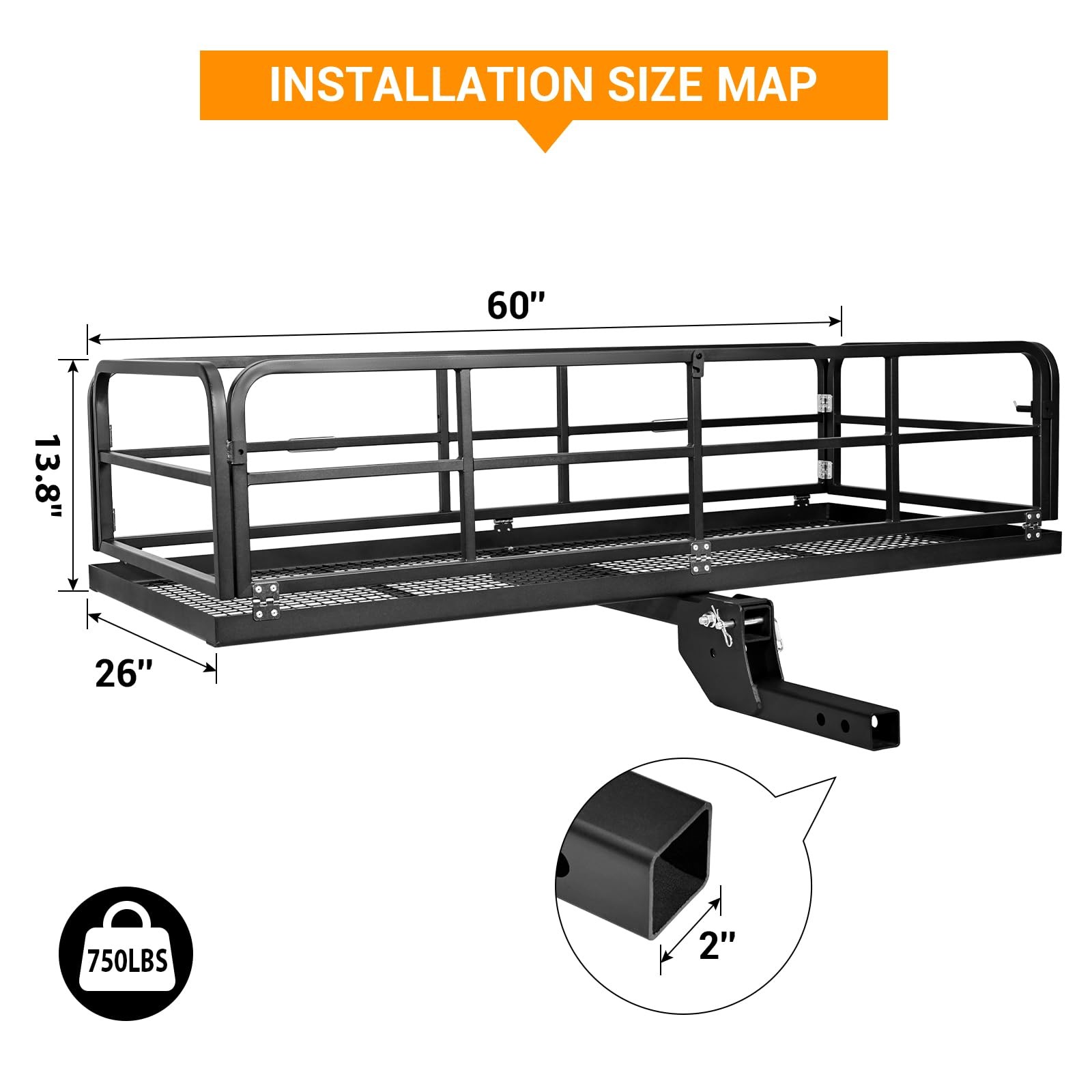 750 lb Cargo Carrier Hitch Mount Cargo Basket Foldable Luggage Rack 2″ Receiver