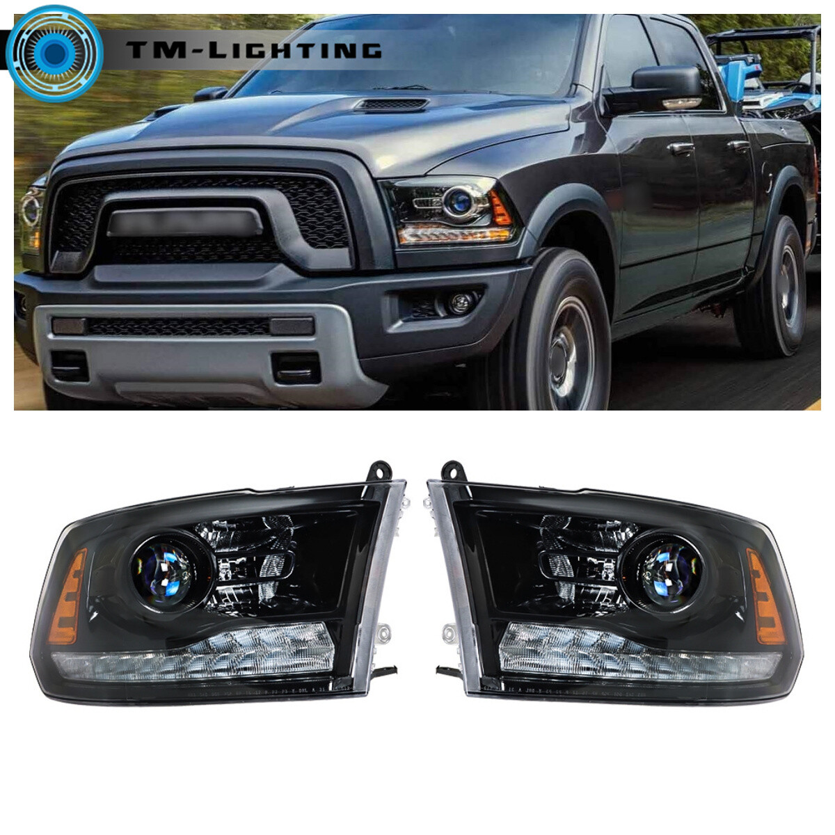 For 2009-2013 2014 2015 2016 2017 2018 Dodge Ram 1500-3500 Black Headlight w/DRL