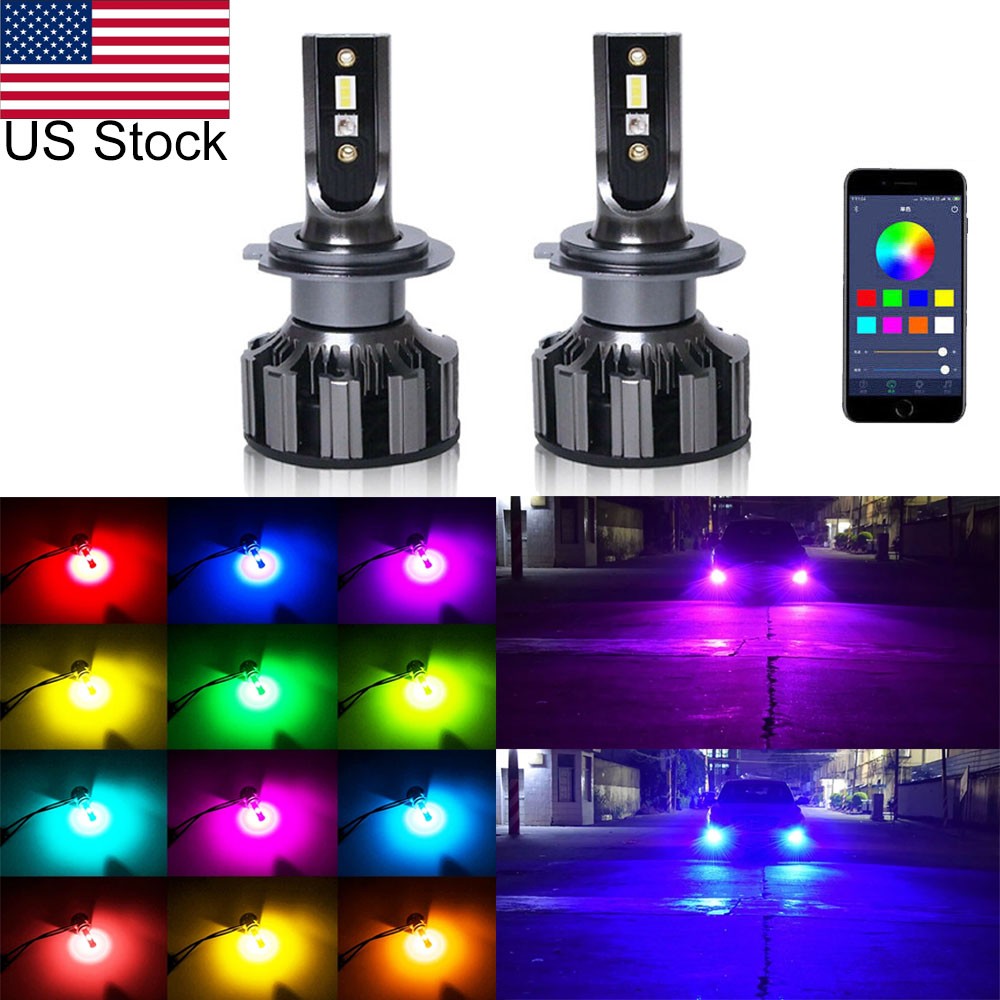 2PCS H7 LED RGB Multi-color Phone Control Headlight Fog Light DRL Bulbs