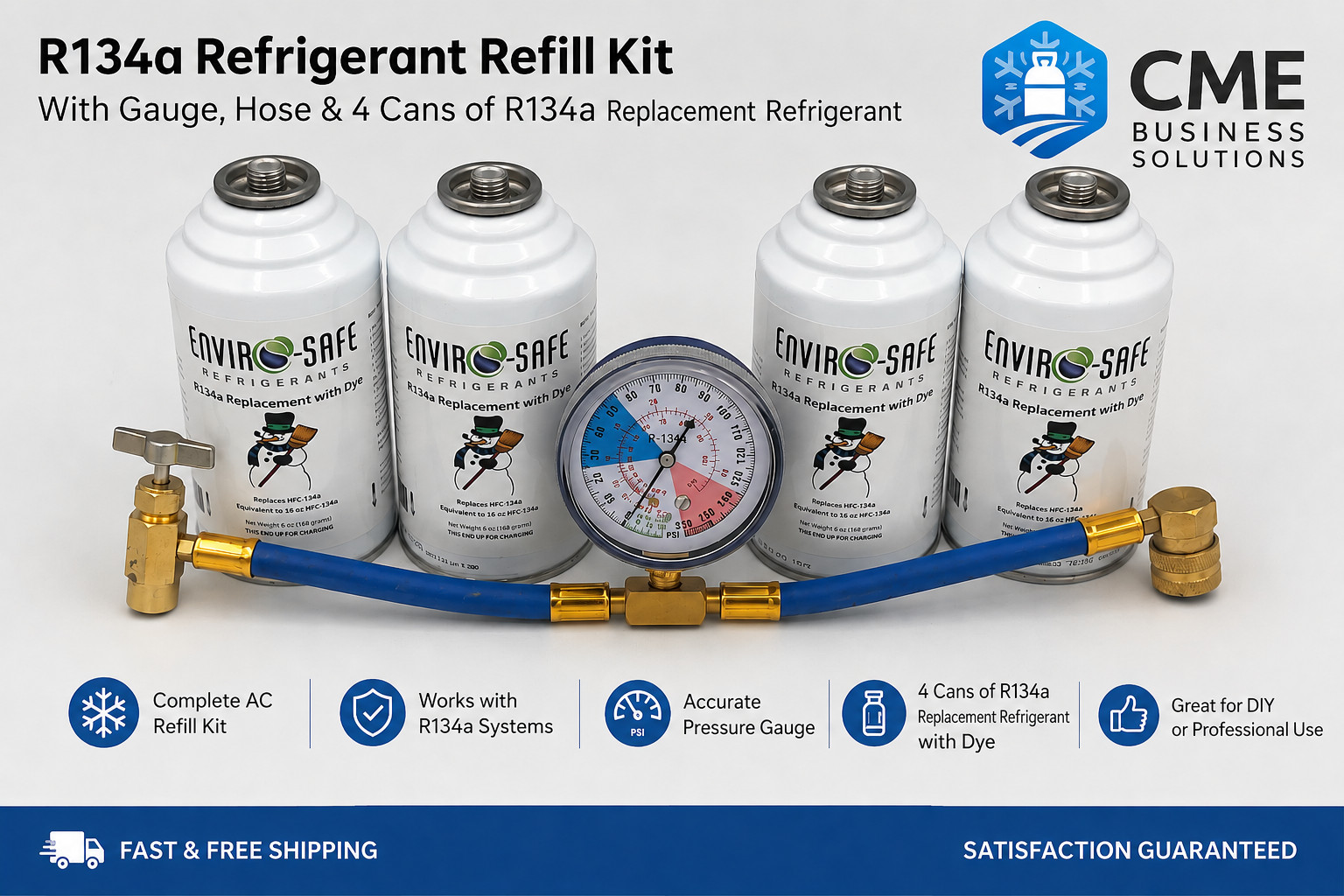 Envirosafe R134a Replacement Refrigerant Refill Kit with Gauge & Hose – 4 Cans