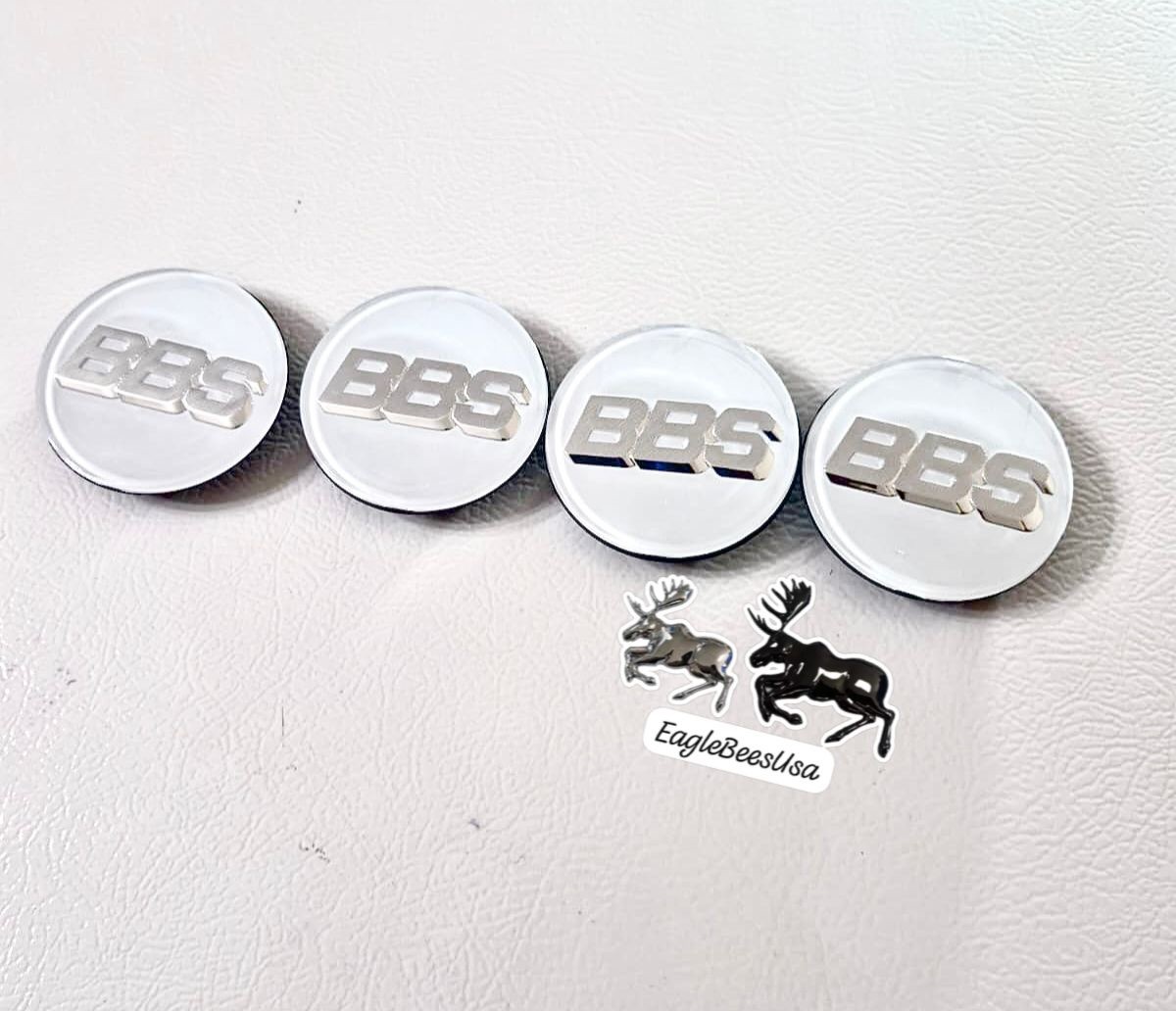 4 SET BBS CENTER CAPS 70MM 3 TABS 56.24.073 ROYAL SILVER ON WHITE 3D LETTERING.