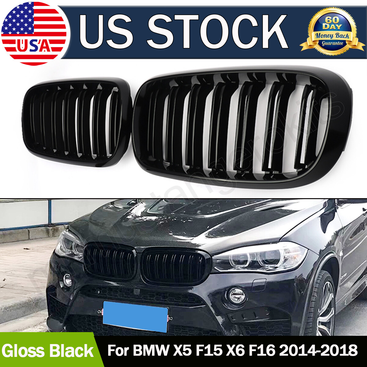 Gloss Black Dual Line Front Kidney Grill Grille For 2014-18 BMW X5 F15 X6 F16 FB