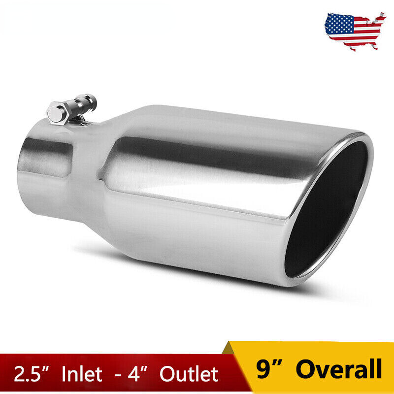 Exhaust Tip 2.5″ Inlet 4″ Outlet 9″ Long Chrome Stainless Steel Bolt on Silver