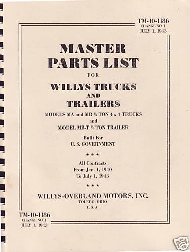 TM10-1186 ~ WWII ~ Willys Jeep Master Parts List Manual ~ Reprnt