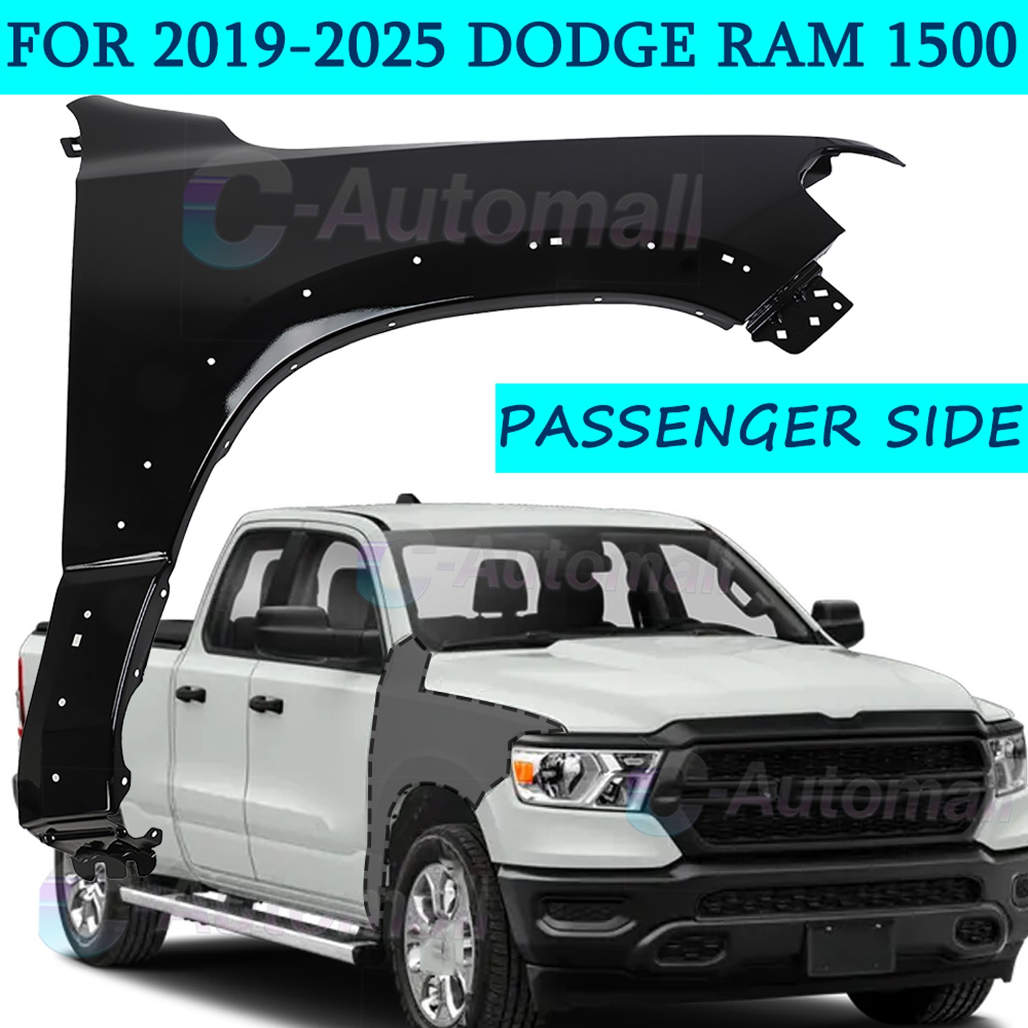 Painted Black PX8 Front RH Passenger Side Fender For 2019-2025 Dodge Ram 1500