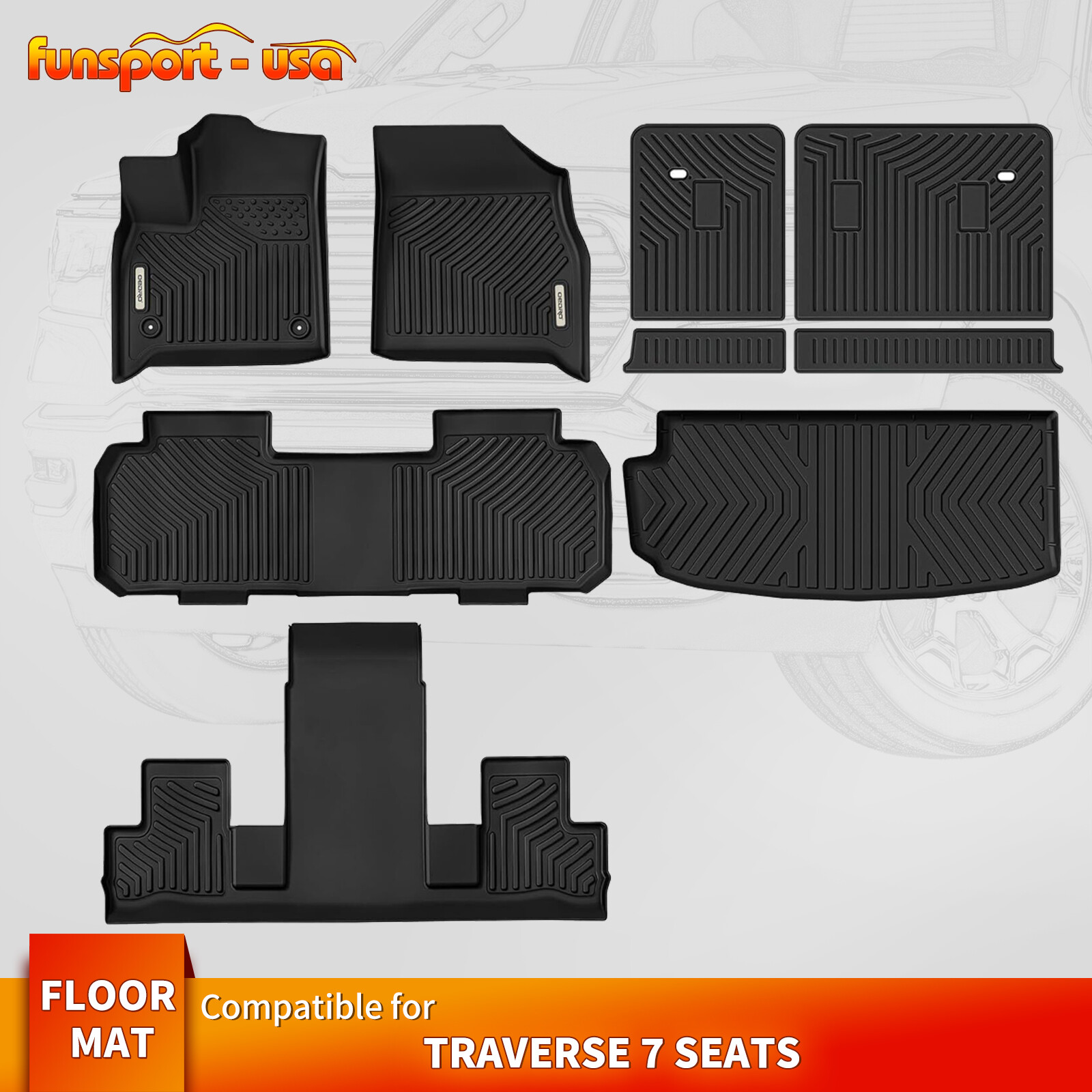 Floor Liners w/Backrest Mat Set for 2018-2025 Chevy Traverse 7 Seats Cargo Mat