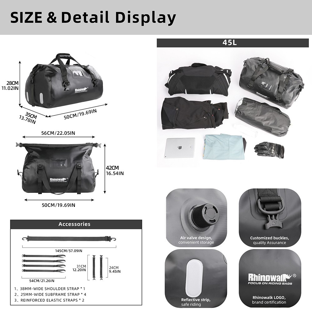 Rhinowalk Waterproof Motorcycle Touring Tail Bag 45L Cycling Shoulder Bag Black