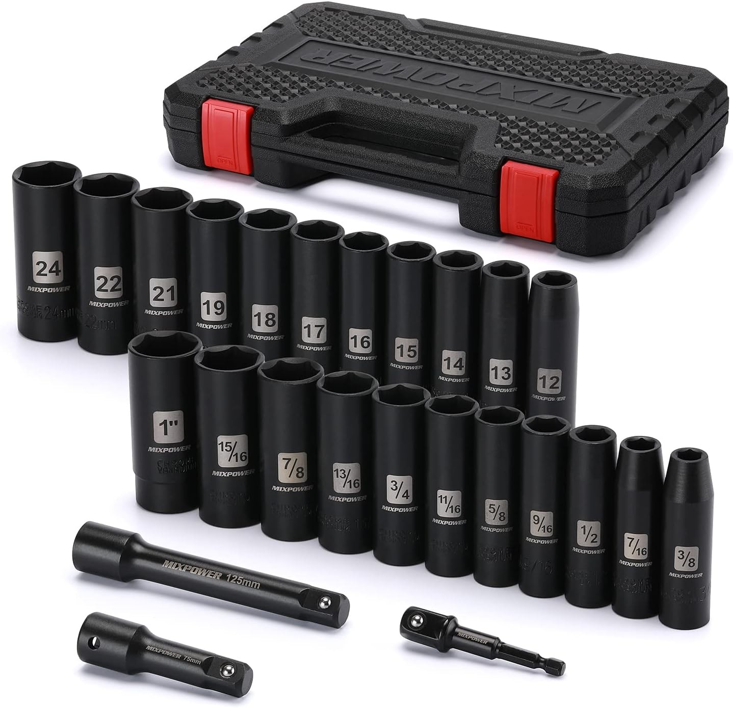 25Pcs 1/2-Inch Drive Deep Impact Socket Set, SAE and Metric,CR-V Steel,with Case