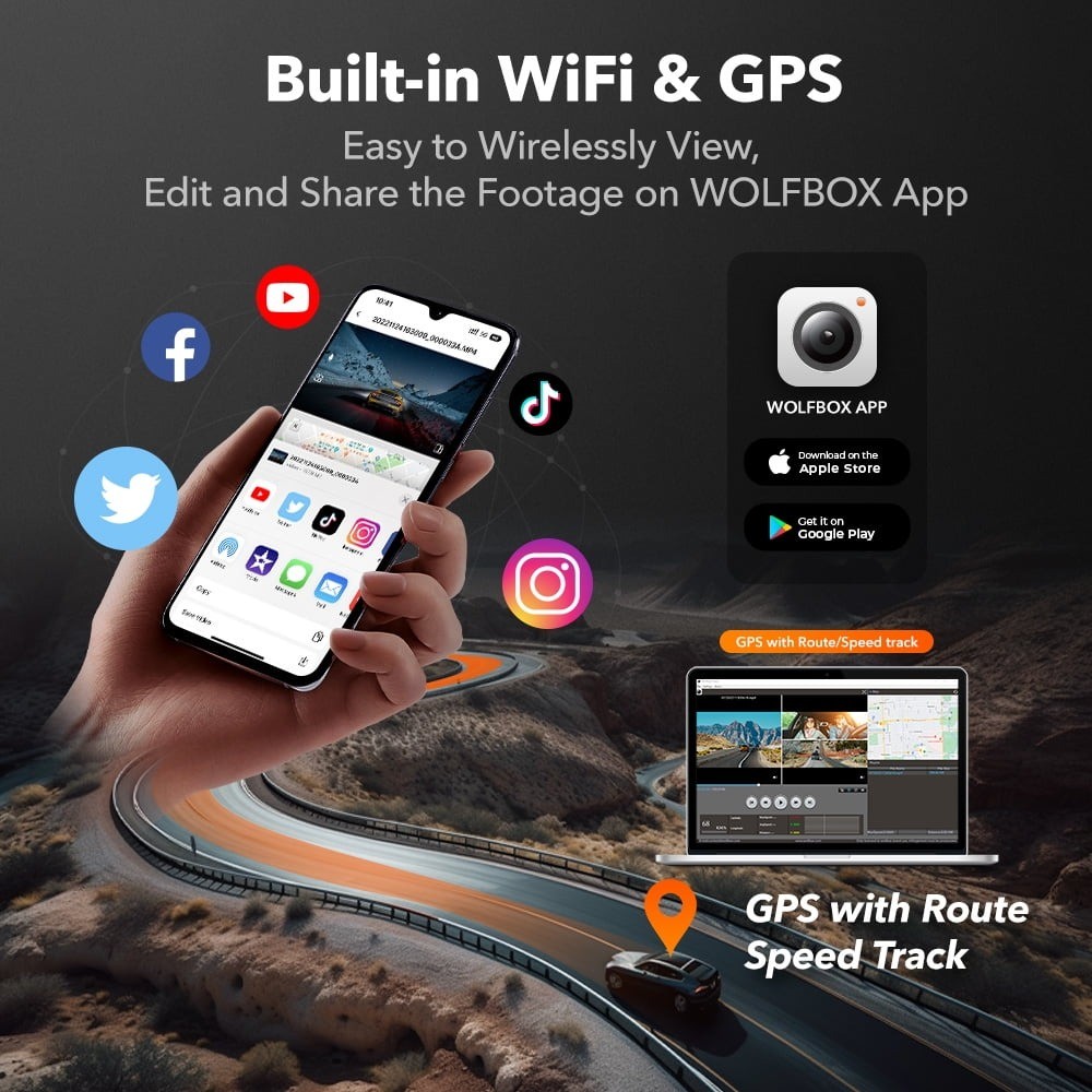WOLFBOX I07 3 Channel Dash Camera 4K Front and Rear Dash Cam Built-In WiFi & GPS